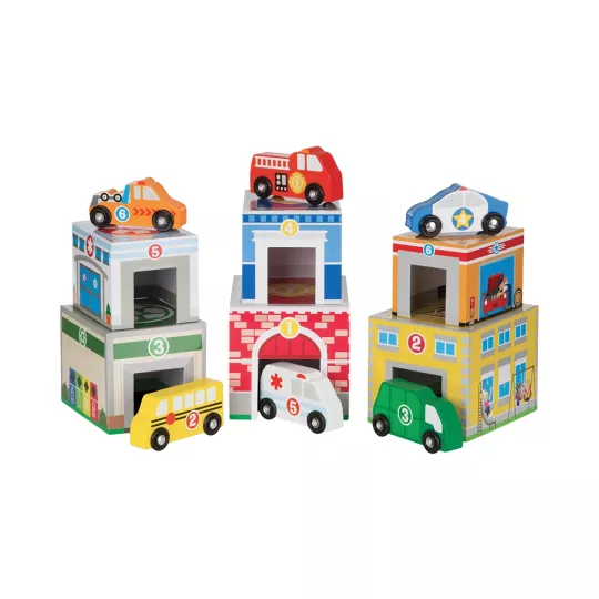 Edifici Impilabili con Veicoli in Legno (12 Pezzi) - Melissa & Doug