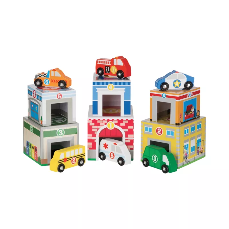 Edifici Impilabili con Veicoli in Legno (12 Pezzi) - Melissa & Doug