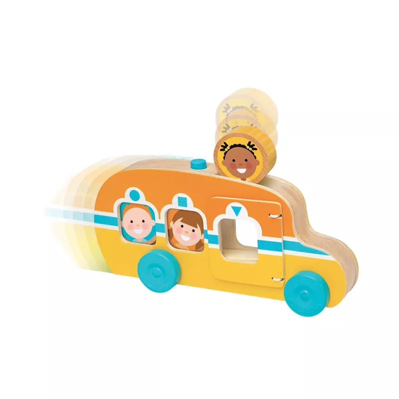 Bus scolaire en bois jaune avec disques personnages et bouton poussoir GO Tots Melissa & Doug
